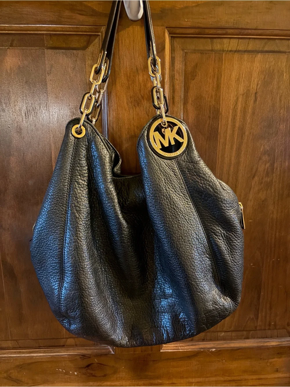 Michael Kors “Fulton” Black Pebbled Leather Hobo Bag with Gold Hardware